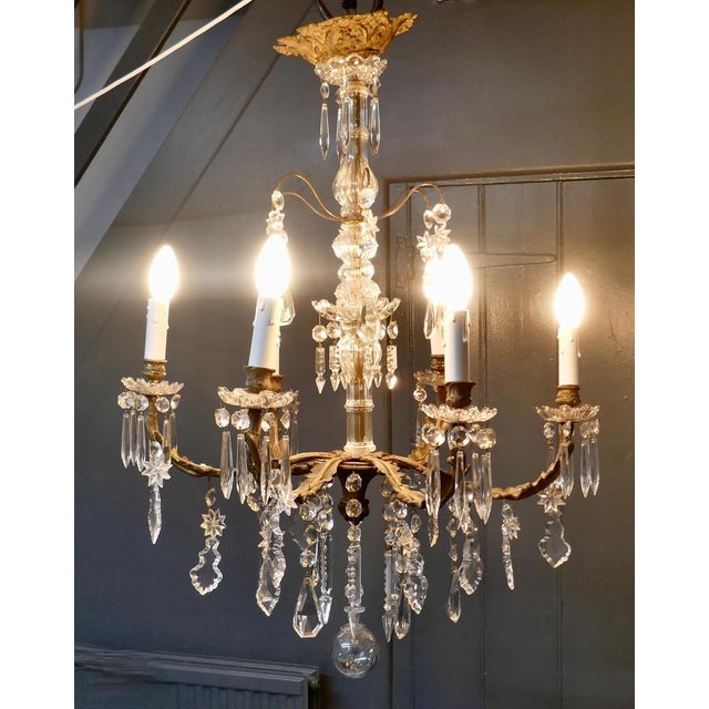 Glass French Crystal 6-Arm Chandelier in Brass, 1920 For Sale - Image 7 of 9