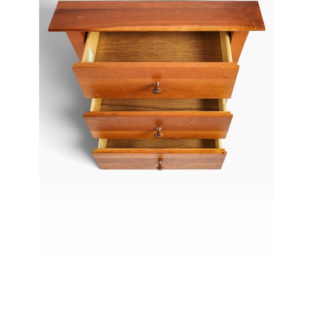 Transitional Late 20th Century Pair of Solid Cherry Three-Drawer Bedside Tables | Thor's Elegance, Made in Vermont | Flared Legs & Arched Apron For Sale - Image 3 of 5