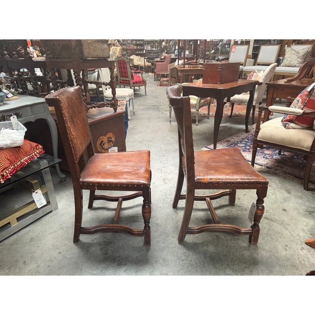 Wood Set of 4 19th-Century English Cromwellian Leather & Oak Dining Chairs For Sale - Image 7 of 18