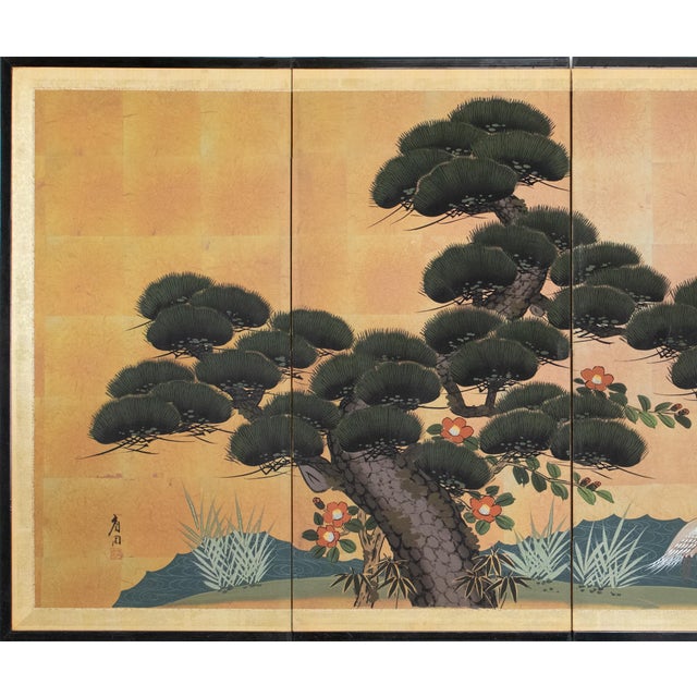 Lovely Japanese painted 4-panel byobu (folding screen) "Big Pine Tree and Egrets". Signed and sealed by artist. Gouache,...