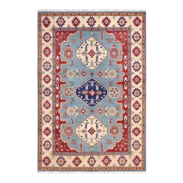 Boho Chic Kazak Blue/Beige Wool Rug - 5'8''x8'0'' For Sale