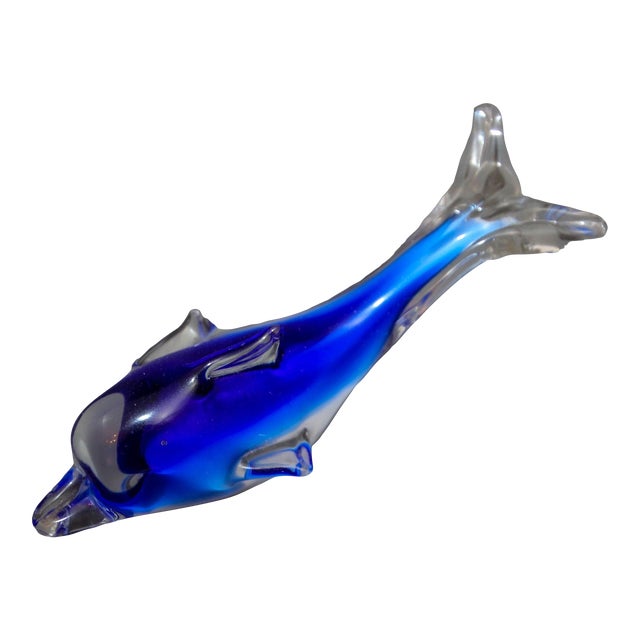 Crystal Blue Dolphin Murano Art Glass Paperweight For Sale
