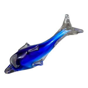 Crystal Blue Dolphin Murano Art Glass Paperweight