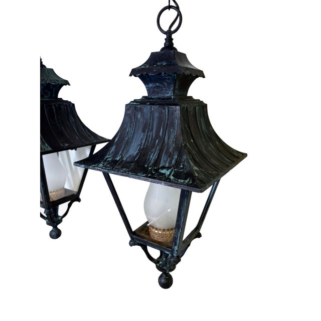 Metal Mid 20th Century Pair of English Style Verdigris Lantern Chandeliers For Sale - Image 7 of 8