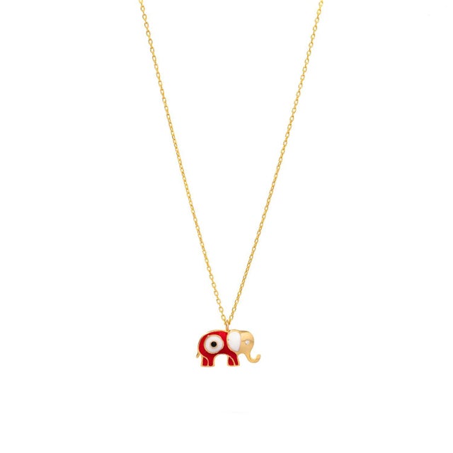 Early 21st Century Wishful Elephant & Red Enamel Evil Eye Pendant Gold Chain Necklace For Sale - Image 5 of 8