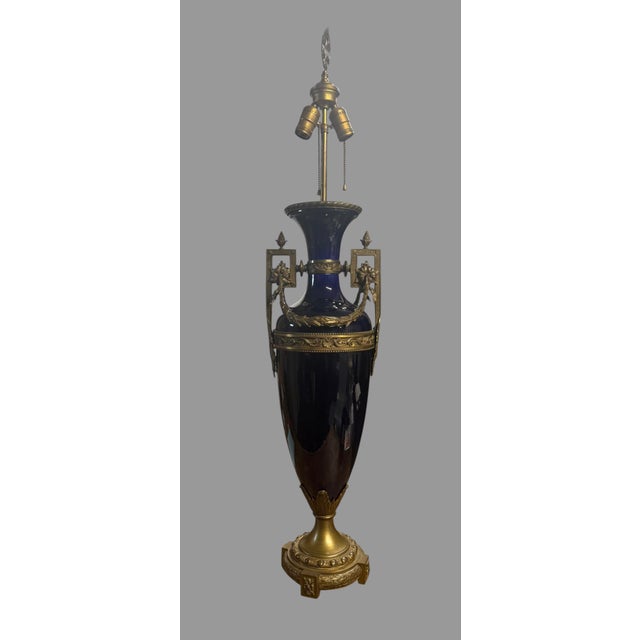 Antique Cobalt Blue Porcelain Bronze Mounted French Empire Style Table Lamp For Sale - Image 4 of 10