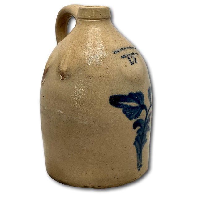 American Excellent & Unsusal 1 1/2 Gallon Size Antique American Blue Flower Decorated Stoneware Jug From Vermont Circa 1870s For Sale - Image 3 of 18