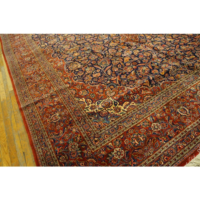 1940s Blue Navy Floral Medallion Antique Persian Qazvin Rug 10'4" X 19'3" Handknotted Wool Carpet For Sale - Image 4 of 5