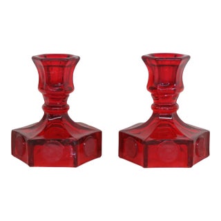 Fostoria Coin Ruby Red Glass Liberty Bell Candle Stick Holders a Pair 4380b For Sale