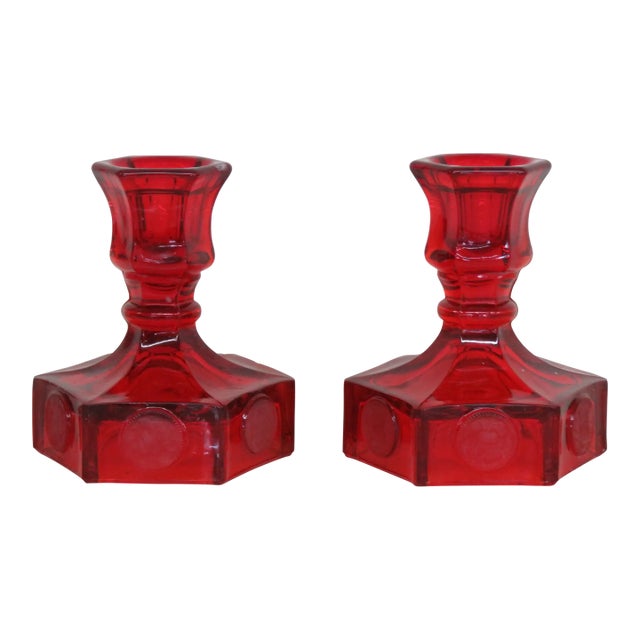 Fostoria Coin Ruby Red Glass Liberty Bell Candle Stick Holders a Pair 4380b For Sale