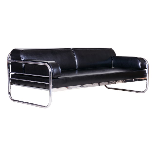 Bauhaus Sofa in Chrome and Leather attributed to Hynek Gottwald, Czech, 1930s For Sale