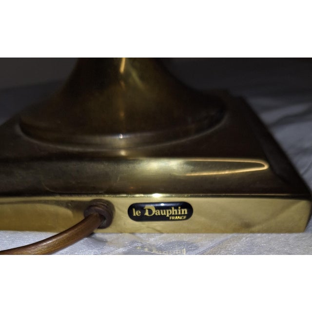 Vintage French Table Lamp with Beige Marbled Ceramic Base in Brass Mount and Fabric by Le Dauphin, 1970s For Sale - Image 9 of 11