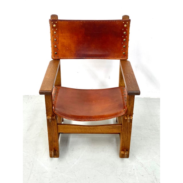 Vintage French Brutalist Castle Armchairs in Oak and Cognac Leather, 1920s, Set of 2 For Sale - Image 10 of 13