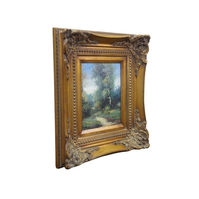 Vintage impressionist landscape oil painting on canvas featuring a figure in red along a tree lined dirt path in the...