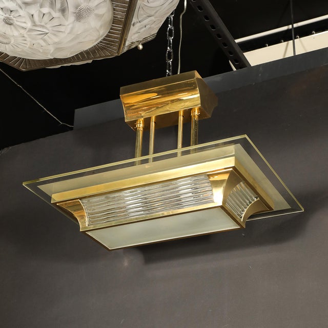 Art Deco Machine Age Polished Brass Glass Rod Chandelier by Petitot For Sale - Image 12 of 18