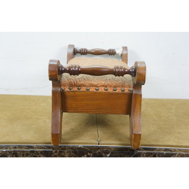 Early 20th Century Antique Early American Pine Upholstered Needlepoint Foot Stool Ottoman Rest 11" For Sale - Image 5 of 14
