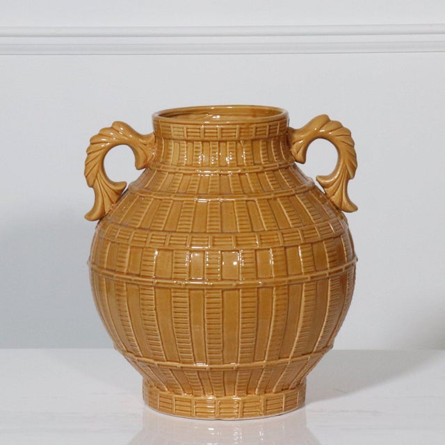 Mid-Century Modern 1970s Ceramic Basketweave Jars with Handles - A Pair For Sale - Image 3 of 6