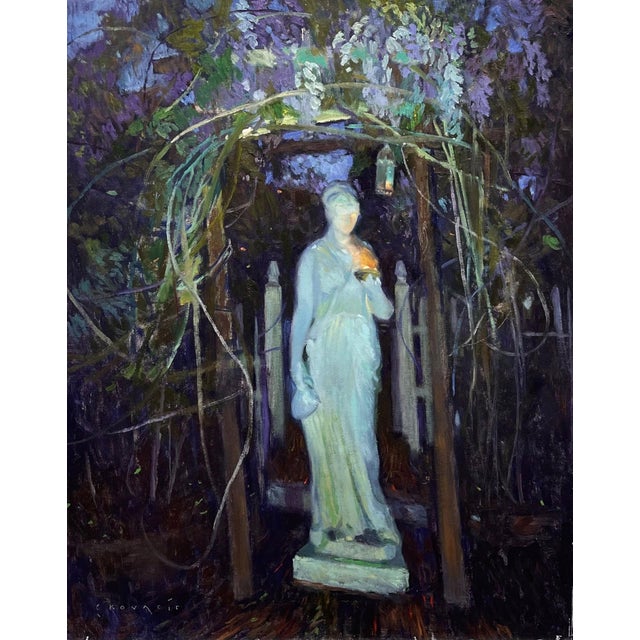 She Who Is Guardian, Hebe at the Gate by Chuck Kovacic | Oil on board Statue of Hebe at a garden gate For Sale