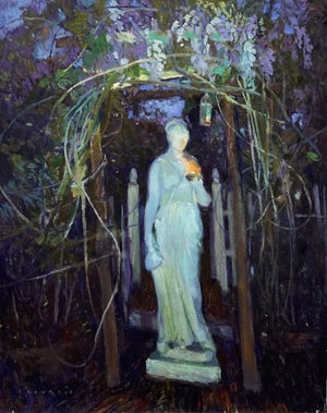 She Who Is Guardian, Hebe at the Gate by Chuck Kovacic | Oil on board Statue of Hebe at a garden gate