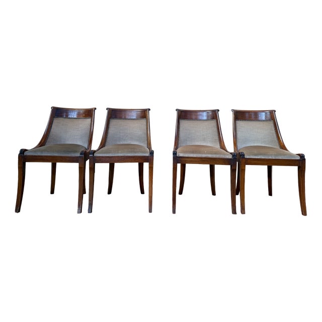 Empire-Style Gondola Chairs in Mahogany and Velvet, 1920s, Set of 4 For Sale
