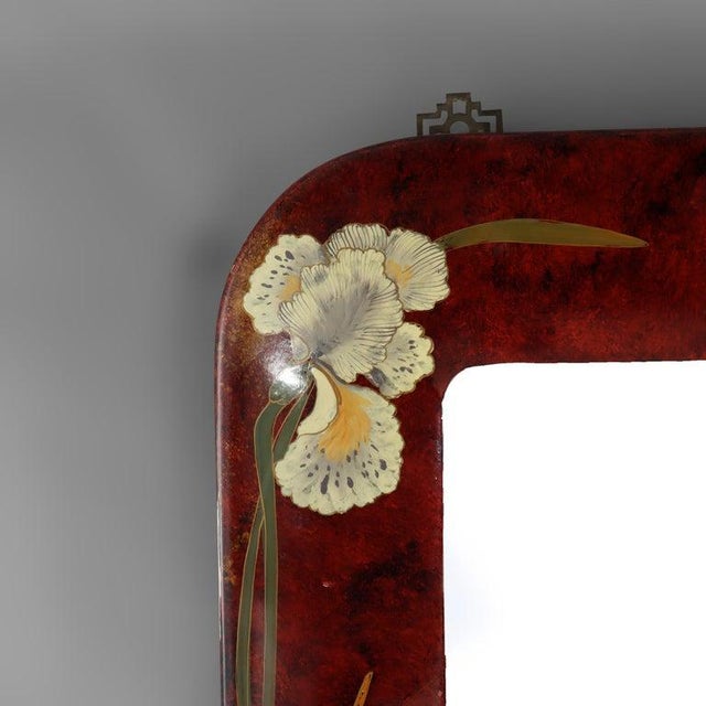 Wood Large Vintage Chinese Art Nouveau Mirror With Hand Painted Garden Irises C1920 For Sale - Image 7 of 13