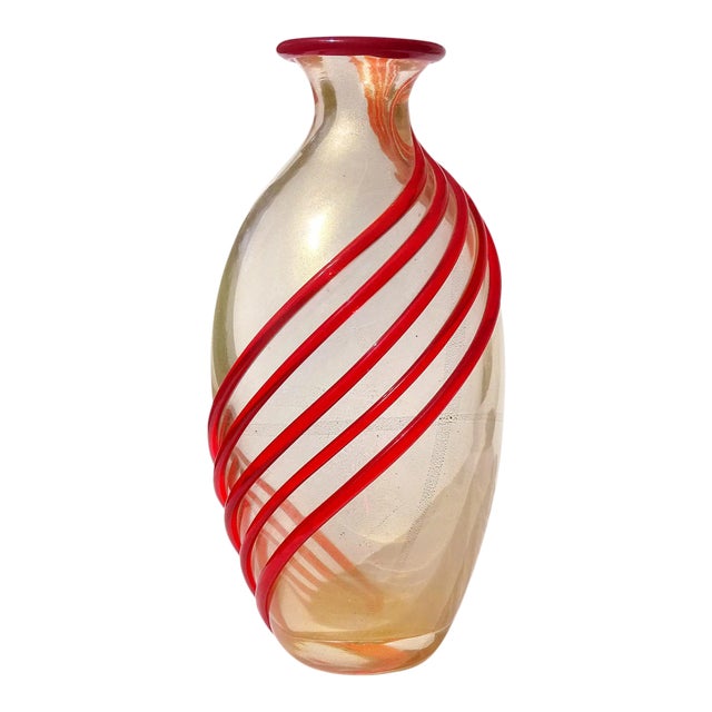 Murano Seguso Signed Vintage Red Bands Heavy Gold Flecks Italian Art Glass Decorative Flower Vase For Sale