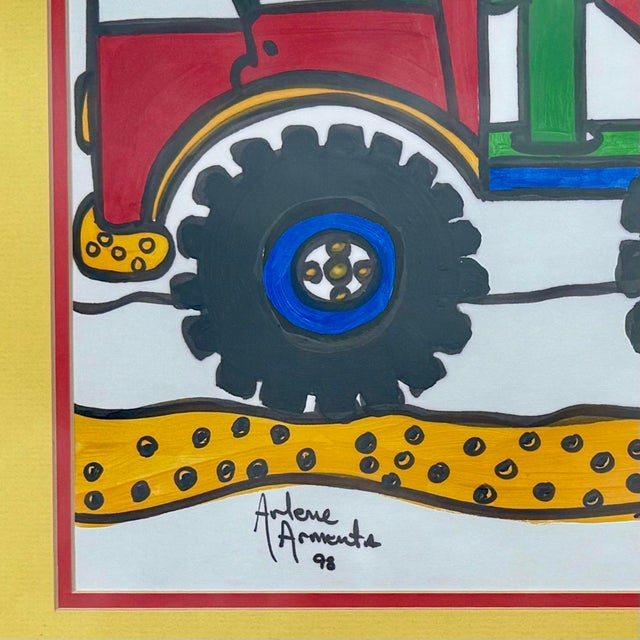 Vintage 1998 Vibrant Naive Folk Art Truck Paintings by Arlene Armenta, Signed & Framed, Pair For Sale - Image 4 of 8