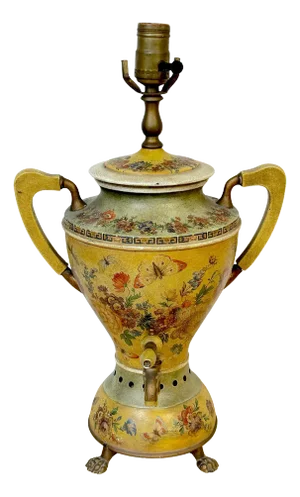 Antique Italian Polychromed Tole Tea Samovar, Now as a Lamp