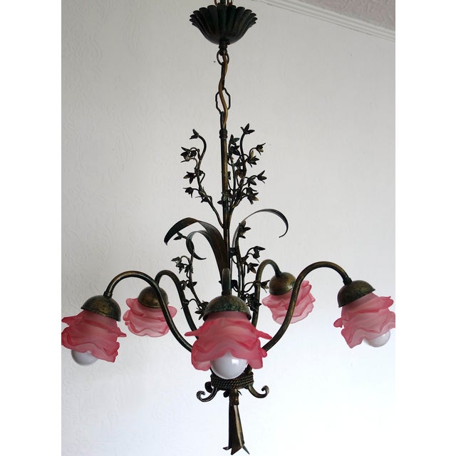 Vintage Green-Gold Patinated Metal Pink Shade Chandelier, 1970s For Sale - Image 13 of 18