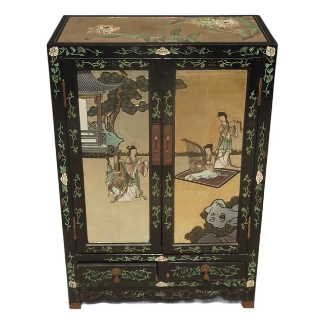 Vintage Chinese Asian Chinoiserie Gold Silver Storage Cabinet Side Table #V23 For Sale