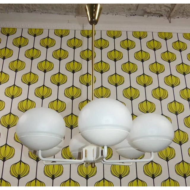Metal Chandelier in White Metal and Brass with 6 Opal Glass Domes, 1960s For Sale - Image 7 of 9