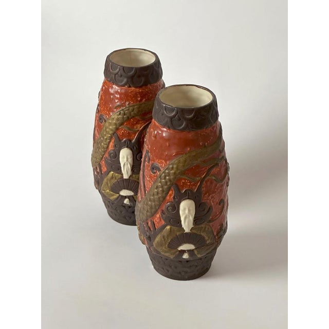 Art Nouveau Ceramic Vases with Gold Dragon Motifs by BB Hohenstein, 1960, Set of 2 For Sale - Image 6 of 10