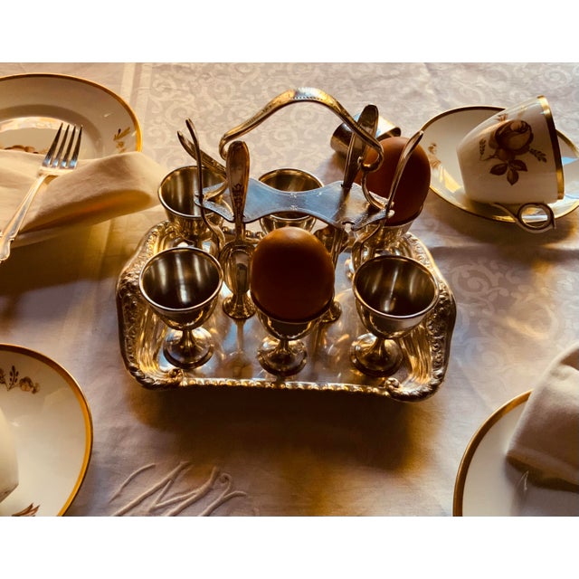 Antique Edwardian American Silverplate Egg Cup Set, Six Cups and Six Spoons on Footed Tray - 13 pcs For Sale - Image 10 of 18