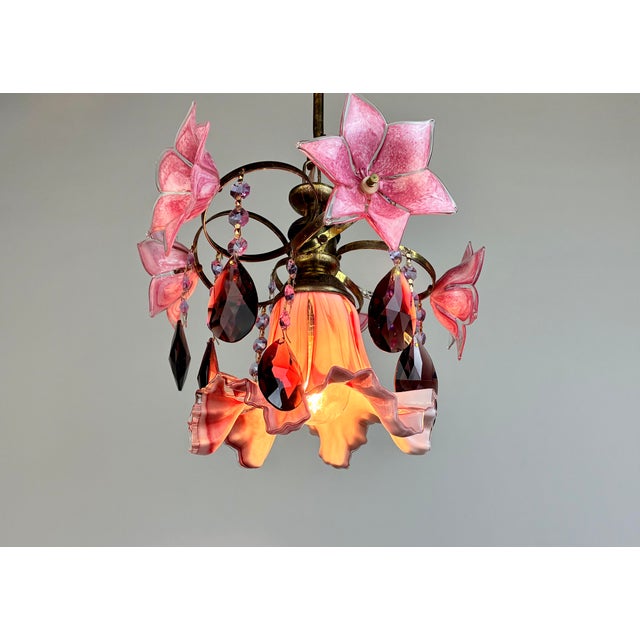 Vintage Pink Murano Style Flower Chandelier / Hand Redesigned / Burgundy Crystal Drops / 1 Light Brass Ceiling Lamp For Sale - Image 15 of 18