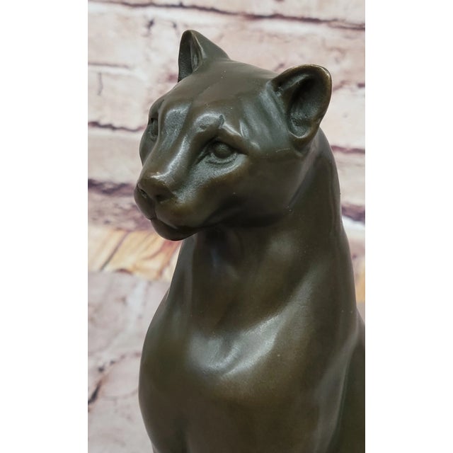 Metal Panther Puma Cougar Cat Bronze Sculpture Statue Figure on Marble Base For Sale - Image 7 of 10