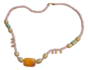 Antique Chevron Pattern African Trade Bead, Handmade Silver Beads and Amber Resin Pendant Necklace 18”