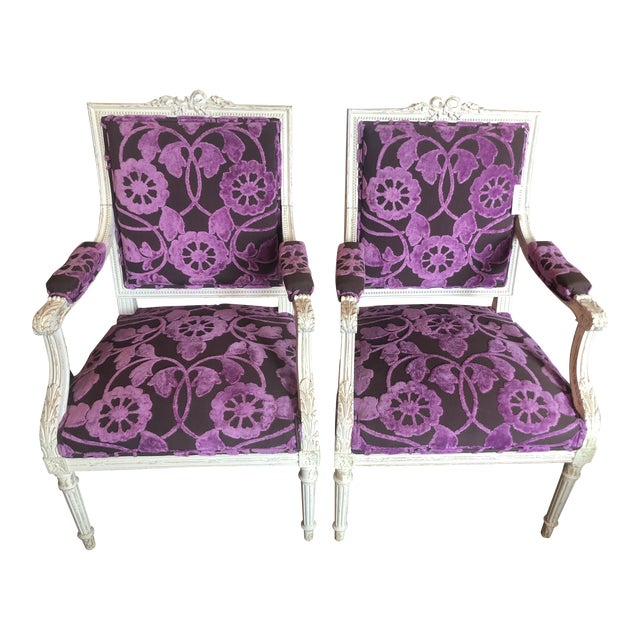 Custom Purple Floral Velvet French Armchairs a Pair Chairish