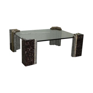 Maitland Smith Tessellated Marble & Stone Glass Top Large Coffee Table For Sale