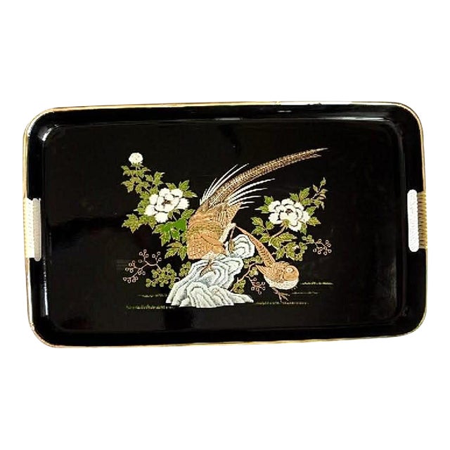 1970s Mid-Century Modern Lacquer Styled Tray With Pheasant Image Vintage For Sale