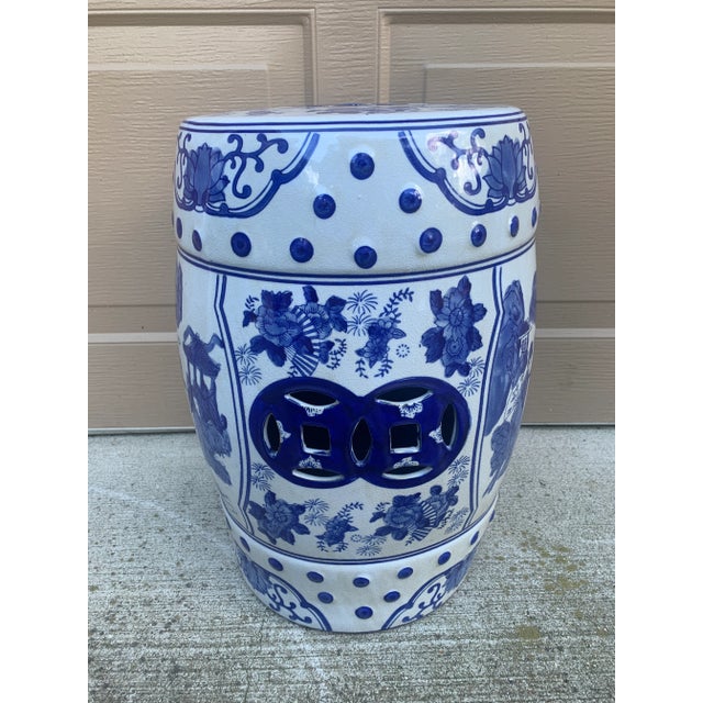 Blue and White Porcelain Chinoiserie Garden Stool or Side Table For Sale - Image 9 of 10