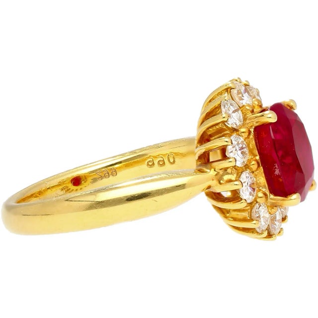 Art Nouveau GRS Certified 2.99 Oval Cut Burma Ruby & Diamond Halo Ring For Sale - Image 3 of 5