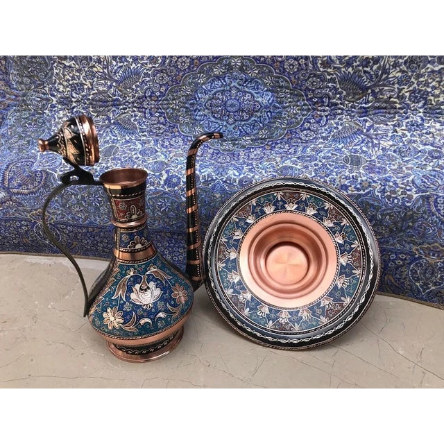 Boho Chic Handmade Ewer and Bowl Set in Carved Copper For Sale - Image 3 of 11
