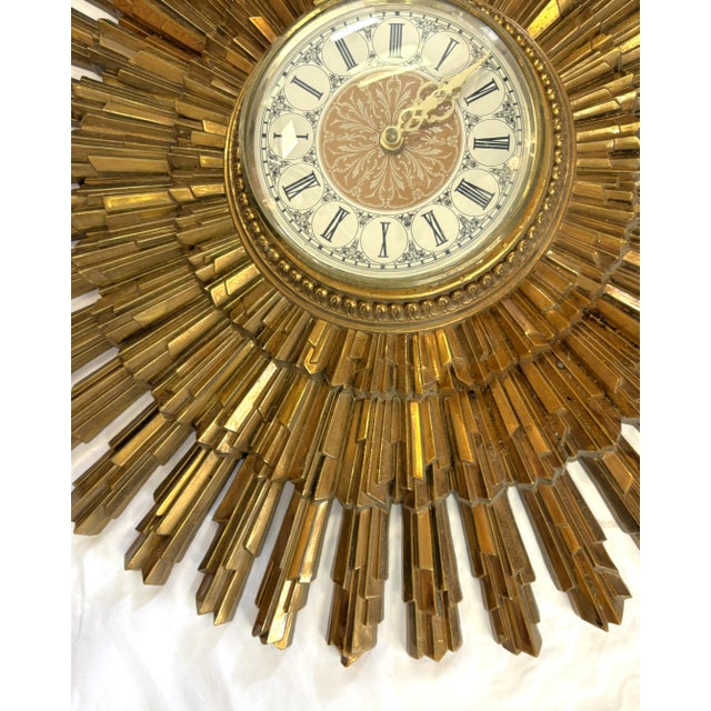 Mid 20th Century Vintage Circa 1969 Syroco Mid Century Modern Starburst Wall Clock in Antique Gold Finish For Sale - Image 5 of 18