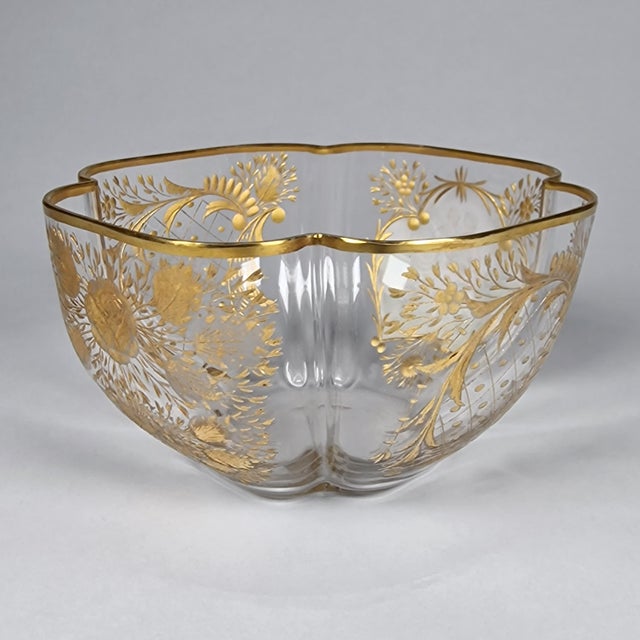 Antique Quatrefoil Gilded Glass Bowl Austrian Bohemian Cut Enamel Watteau Style For Sale - Image 9 of 17