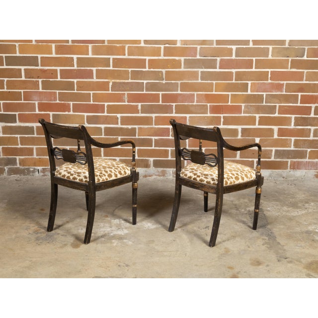 Pair of English Regency Period Early 19th Century Black and Gold Armchairs For Sale - Image 9 of 12