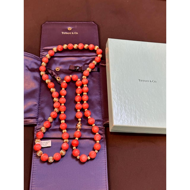 Signed Tiffany & Co. Vintage Natural Coral & Yellow Gold Bead Necklace, 38" Long For Sale - Image 14 of 18