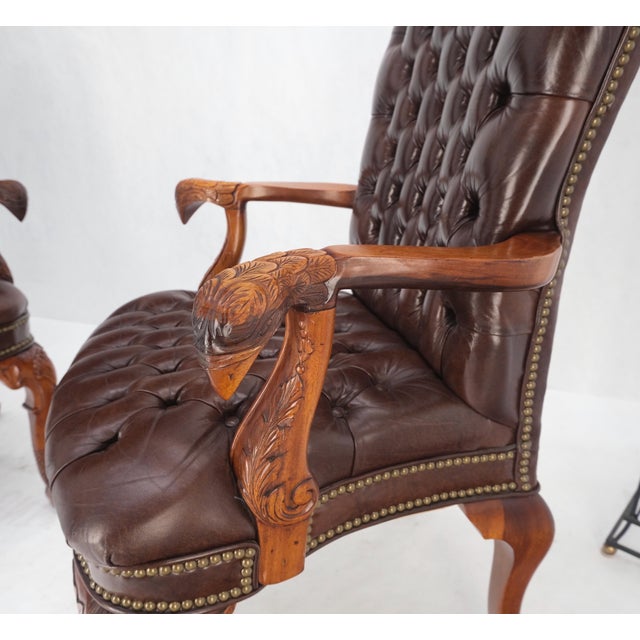 Wood Brown Leather Chesterfield Backs & Seat Carved Walnut Armchairs Fireside Chairs For Sale - Image 7 of 13