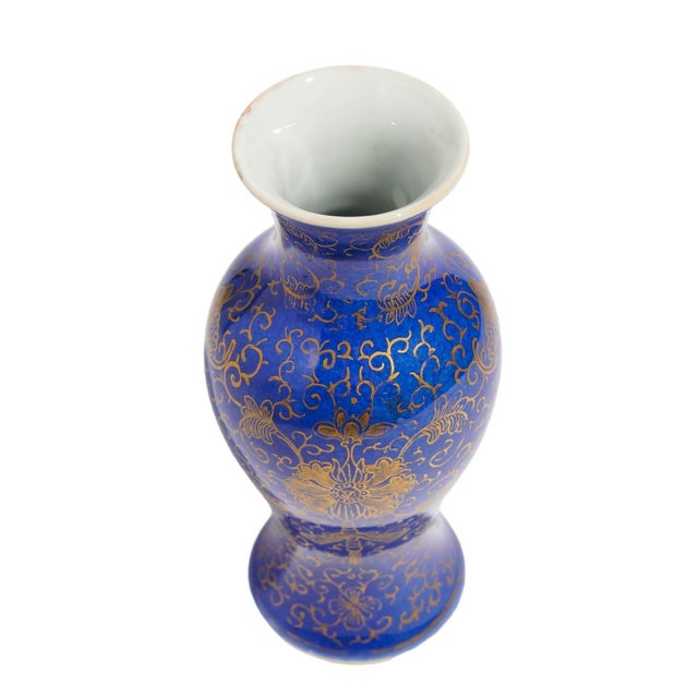 Ceramic Chinese Powder Blue Baluster Form Vase Decorated With Gilt Tracery, 1800's For Sale - Image 7 of 8