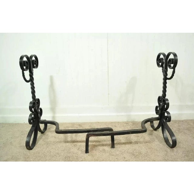 Antique Arts & Crafts Art Nouveau Black Wrought Iron Scrolling Andirons - A Pair For Sale - Image 11 of 12