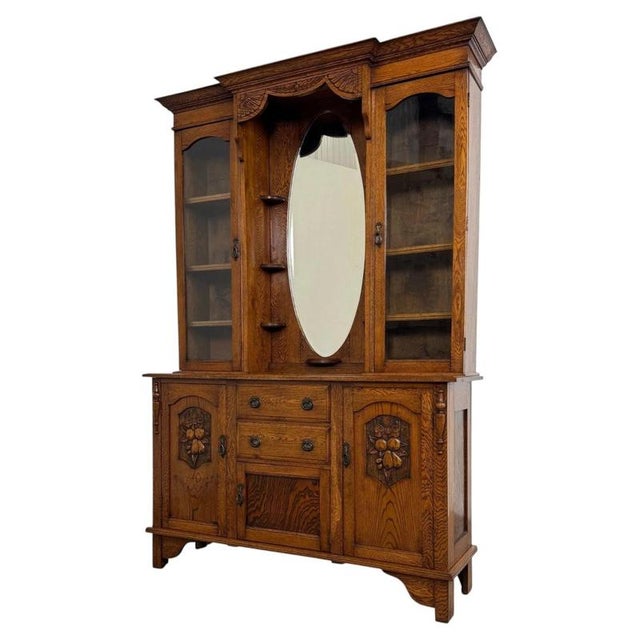 2000 - 2009 Early 20th Century English Art Nouveau Oak Dresser with Bevelled Mirror For Sale - Image 5 of 14